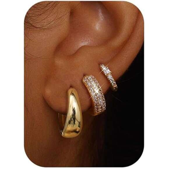 Small Chunky Gold Hoop Earrings Set Hypoallergenic Non Tarnish Huggie Hoops - Picture 7 of 7